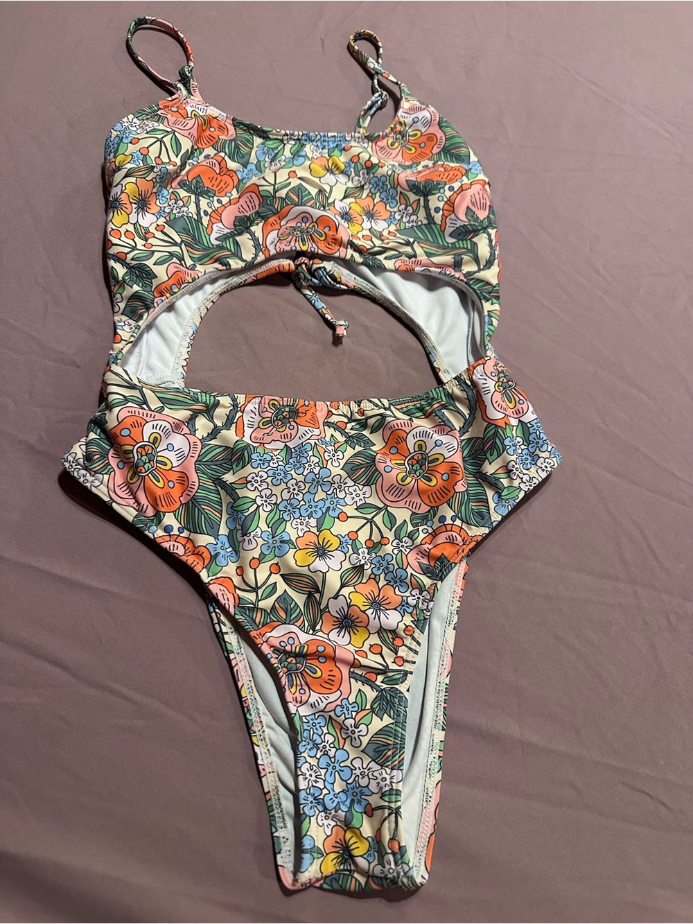 LadiesFloral Cutout One-Piece Swimsuit - Green & Coral, Unique, Small, NWOT